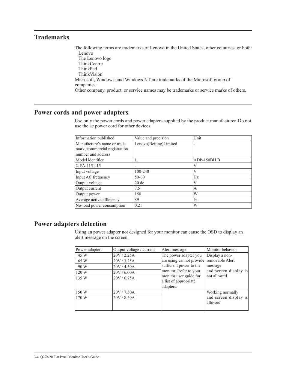 General safety guidelines, Trademarks, Power cords and power adapters | Power adapters detection | Lenovo Q27h-20 27" 1440p HDR Monitor User Manual | Page 31 / 31