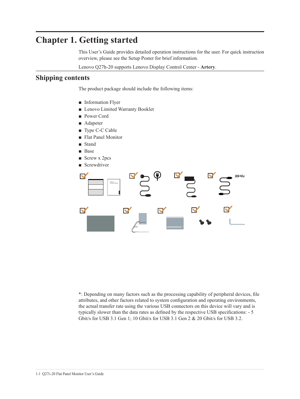 Chapter 1.getting started, Shipping contents, Chapter 1. getting started | Chapter 1, Getting started -1, Shipping contents -1 | Lenovo Q27h-20 27" 1440p HDR Monitor User Manual | Page 6 / 31
