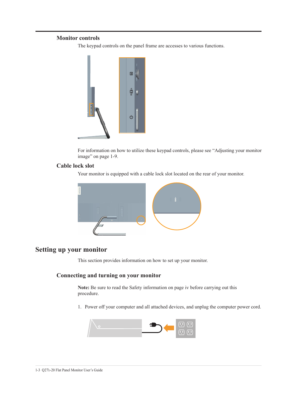 Setting up your monitor, Connecting and turning on your monitor, Setting up your monitor -3 | Lenovo Q27h-20 27" 1440p HDR Monitor User Manual | Page 8 / 31
