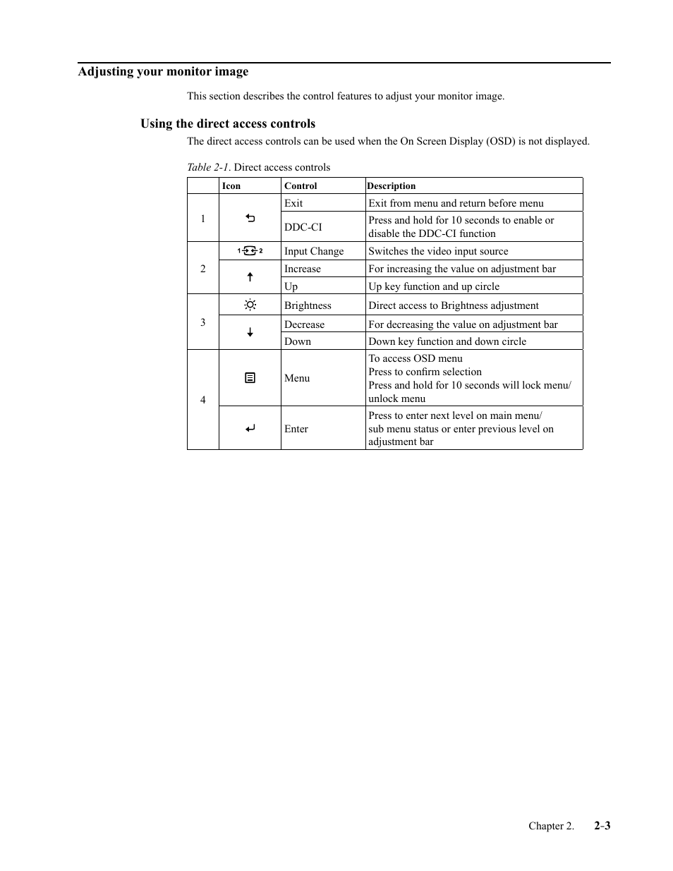 Adjusting your monitor image, Using the direct access controls, Adjusting your monitor image -3 | Using the direct access controls -3 | Lenovo T32p-20 31.5" 16:9 IPS Monitor User Manual | Page 16 / 38
