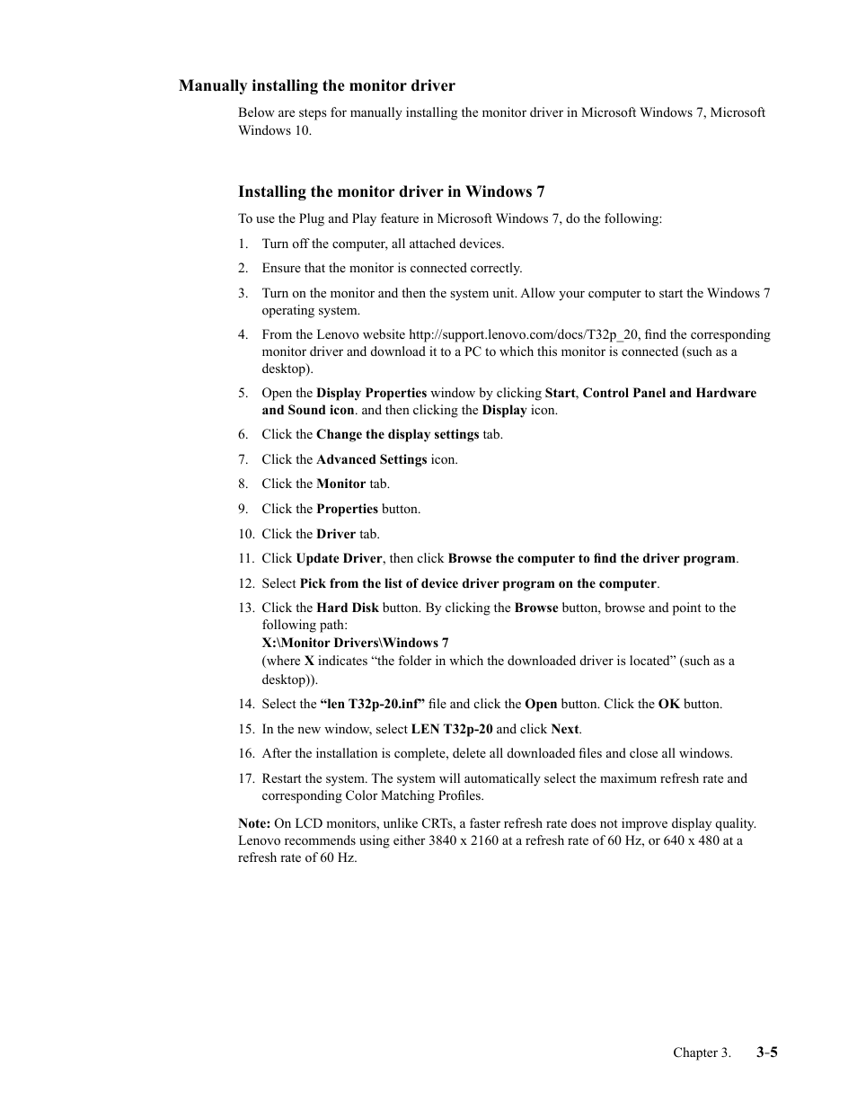 Manually installing the monitor driver, Installing the monitor driver in windows 7, Manually installing the monitor driver -5 | Installing the monitor driver in windows 7 -5 | Lenovo T32p-20 31.5" 16:9 IPS Monitor User Manual | Page 28 / 38