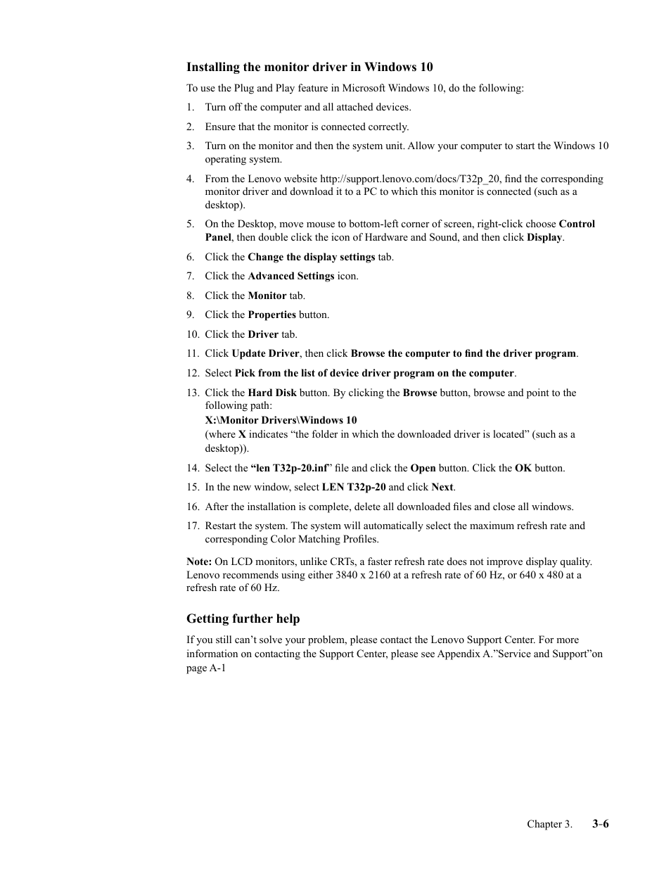 Installing the monitor driver in windows 10, Getting further help, Installing the monitor driver in windows 10 -6 | Getting further help -6 | Lenovo T32p-20 31.5" 16:9 IPS Monitor User Manual | Page 29 / 38