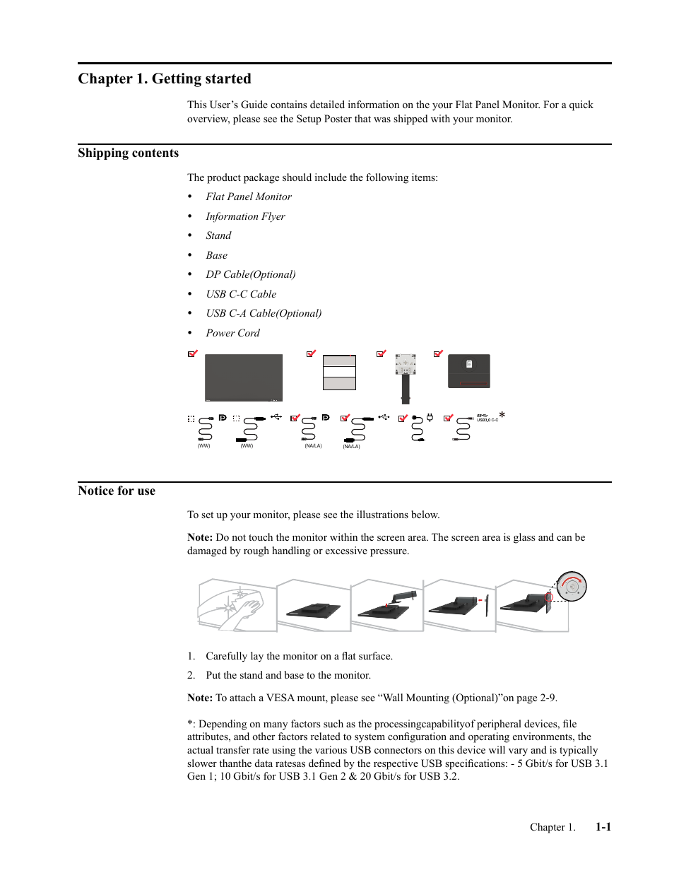 Chapter 1. getting started, Shipping contents, Notice for use | Shipping contents -1 notice for use -1 | Lenovo T32p-20 31.5" 16:9 IPS Monitor User Manual | Page 5 / 38