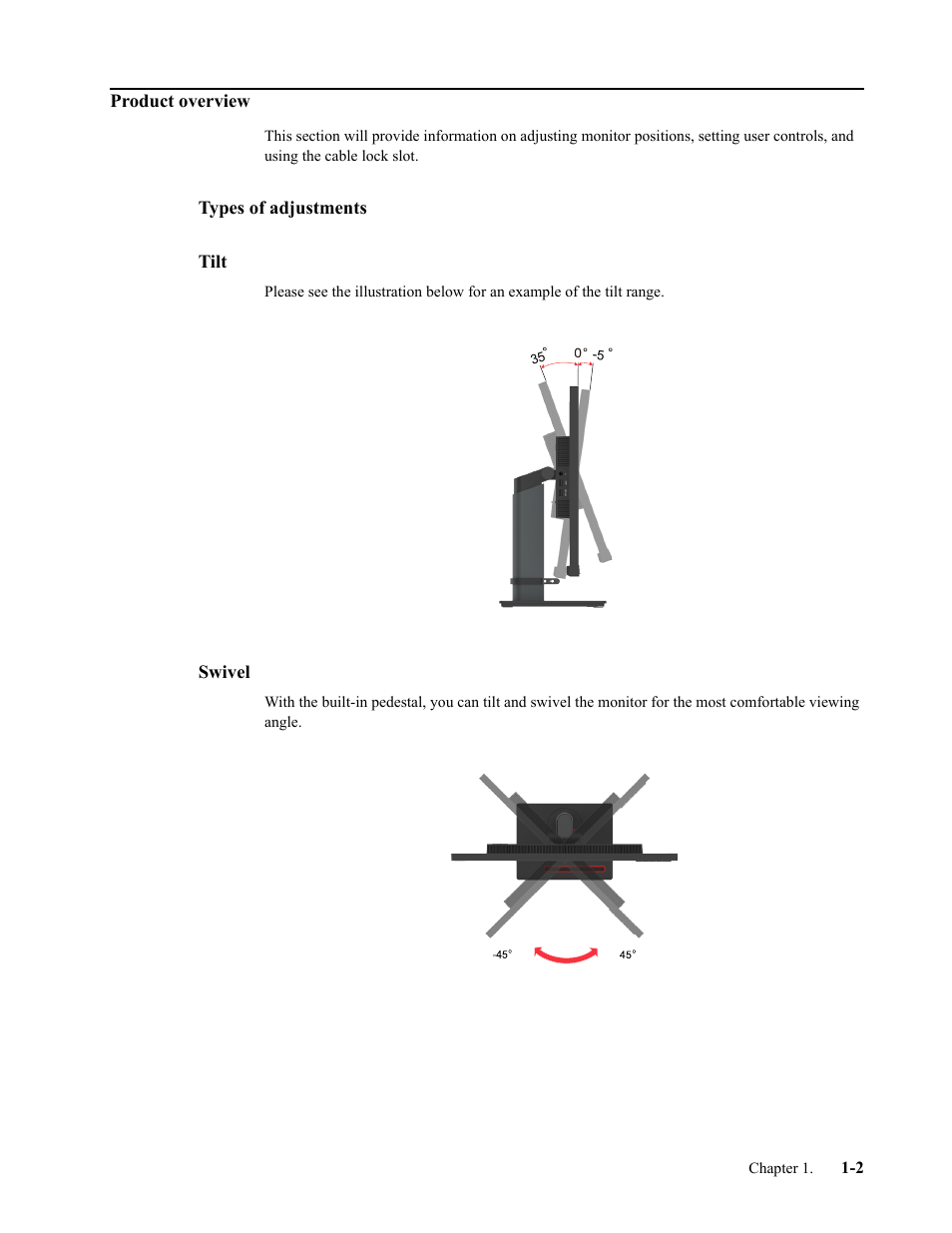 Product overview, Types of adjustments, Tilt | Swivel, Product overview -2, Types of adjustments -2, Tilt -2, Swivel -2 | Lenovo T32p-20 31.5" 16:9 IPS Monitor User Manual | Page 6 / 38
