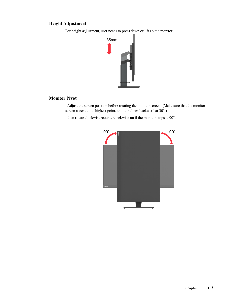 Height adjustment, Monitor pivot, Height adjustment -3 | Monitor pivot -3 | Lenovo T32p-20 31.5" 16:9 IPS Monitor User Manual | Page 7 / 38