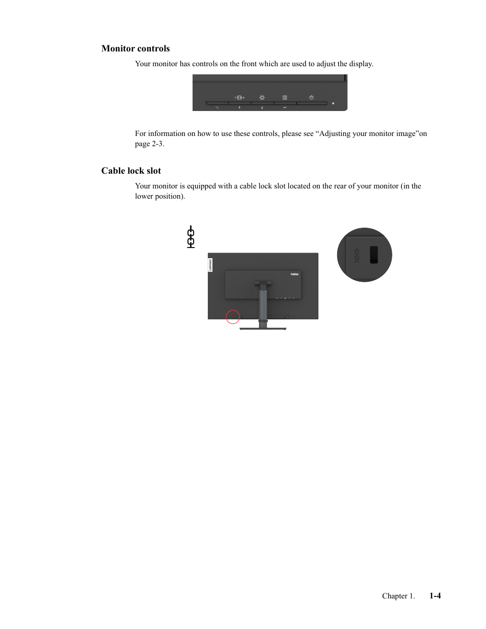 Monitor controls, Cable lock slot, Monitor controls -4 | Cable lock slot -4 | Lenovo T32p-20 31.5" 16:9 IPS Monitor User Manual | Page 8 / 38