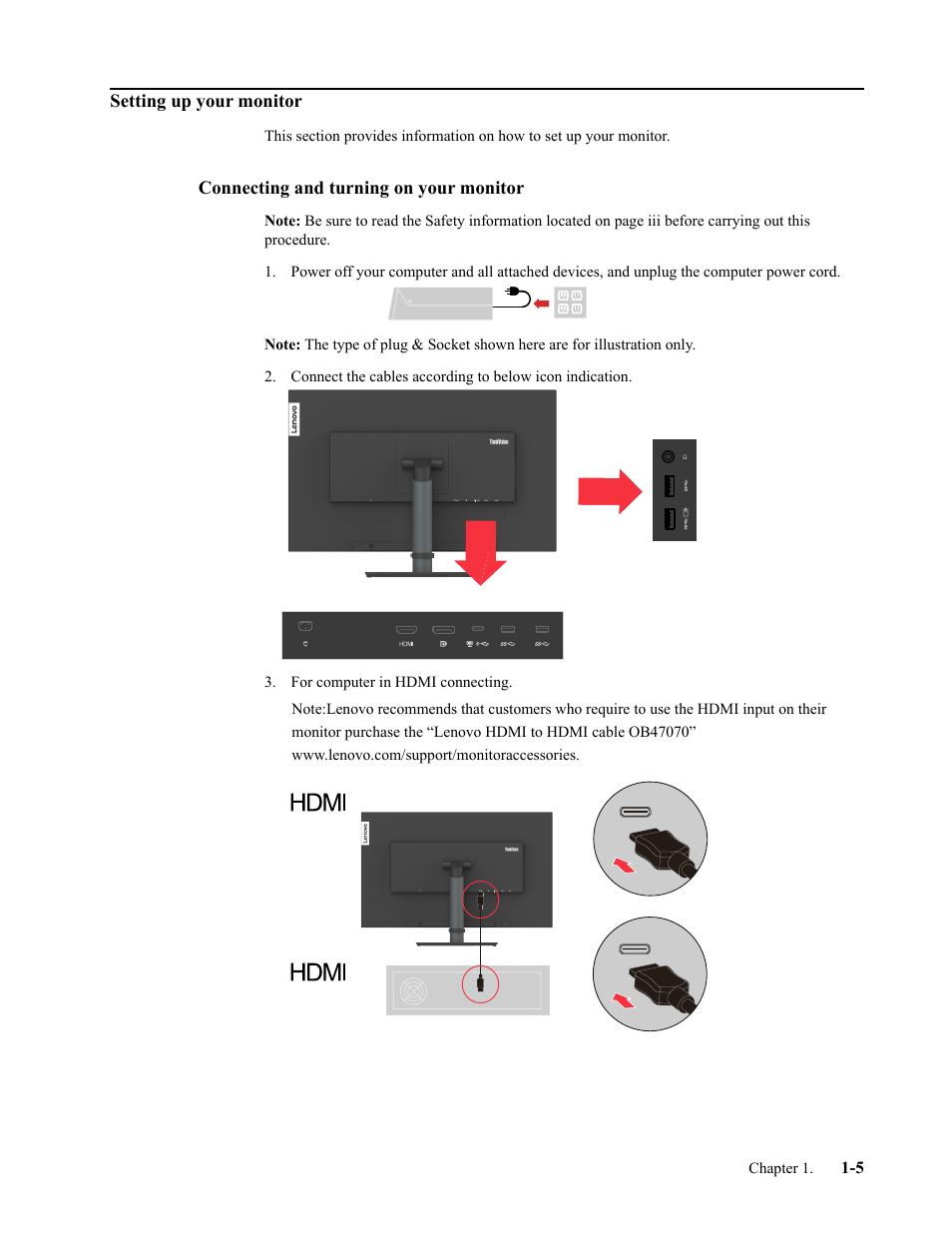 Setting up your monitor, Connecting and turning on your monitor, Setting up your monitor -5 | Connecting and turning on your monitor -5 | Lenovo T32p-20 31.5" 16:9 IPS Monitor User Manual | Page 9 / 38