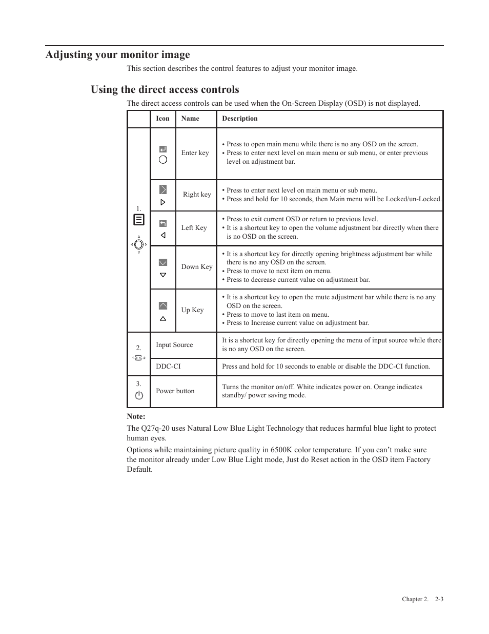 Adjusting your monitor image, Using the direct access controls | Lenovo Q27q-20 27" 1440p HDR Monitor User Manual | Page 14 / 31