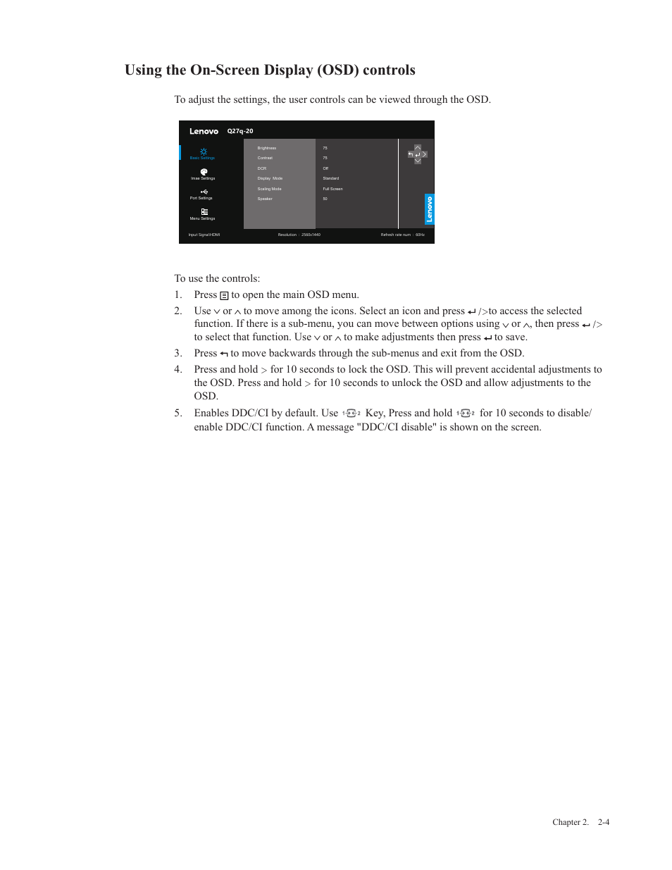 Using the on-screen display (osd) controls | Lenovo Q27q-20 27" 1440p HDR Monitor User Manual | Page 15 / 31
