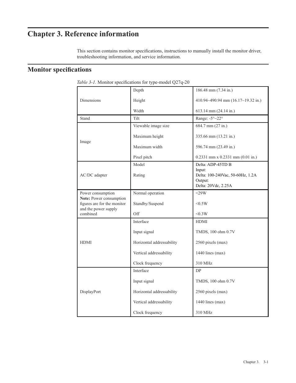 Chapter 3. reference information, Monitor specifications, Chapter 3� reference information | Lenovo Q27q-20 27" 1440p HDR Monitor User Manual | Page 21 / 31