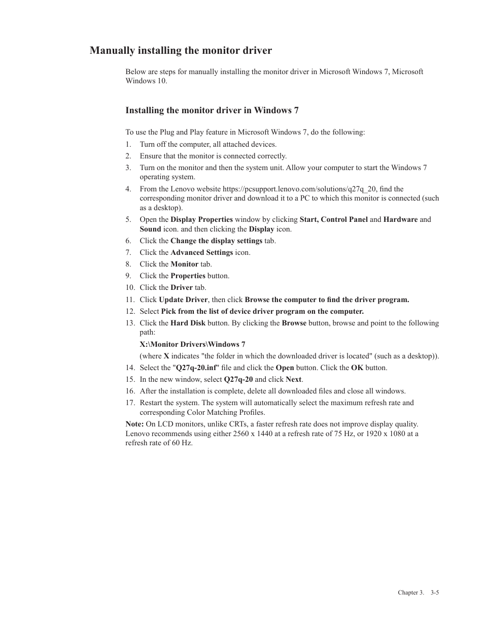 Manually installing the monitor driver, Installing the monitor driver in windows 7 | Lenovo Q27q-20 27" 1440p HDR Monitor User Manual | Page 25 / 31