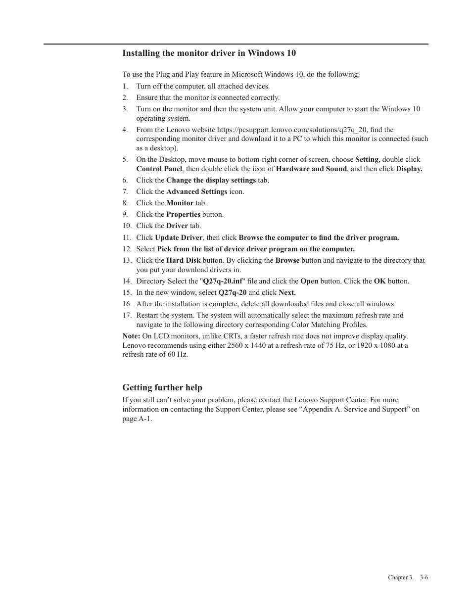 Installing the monitor driver in windows 10, Getting further help | Lenovo Q27q-20 27" 1440p HDR Monitor User Manual | Page 26 / 31