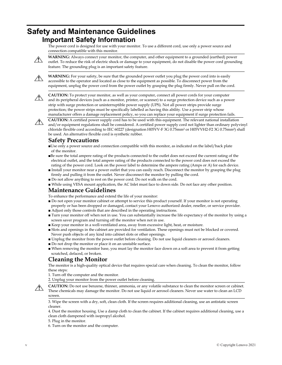 Safety and maintenance guidelines, Important safety information, Safety precautions | Maintenance guidelines, Cleaning the monitor | Lenovo Q27q-20 27" 1440p HDR Monitor User Manual | Page 5 / 31