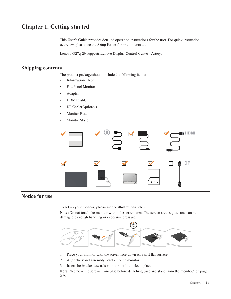 Chapter 1. getting started, Shipping contents, Notice for use | Chapter 1� getting started | Lenovo Q27q-20 27" 1440p HDR Monitor User Manual | Page 6 / 31