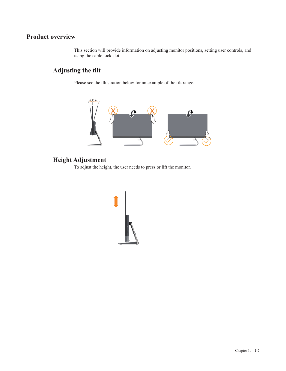 Product overview, Adjusting the tilt, Height adjustment | Lenovo Q27q-20 27" 1440p HDR Monitor User Manual | Page 7 / 31