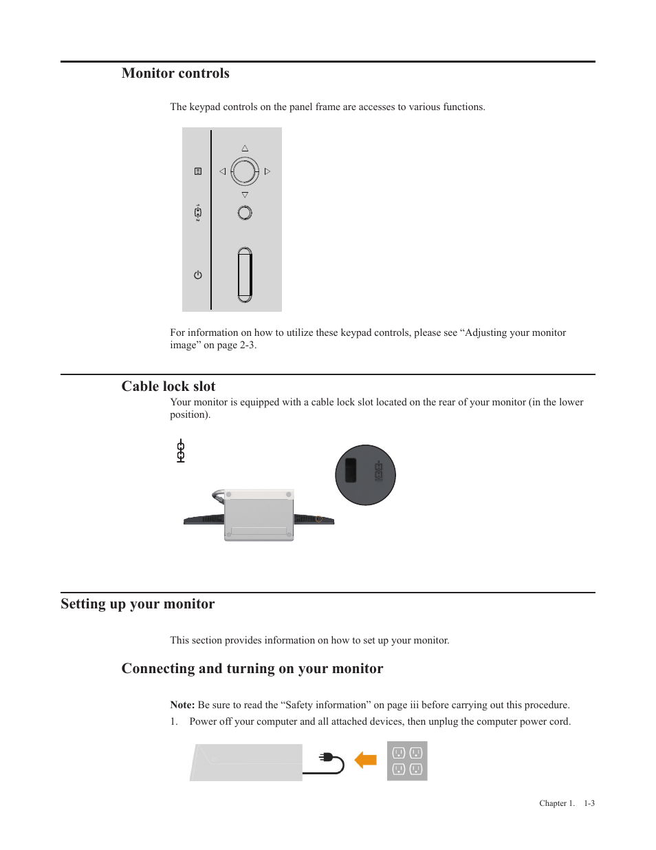 Monitor controls, Cable lock slot, Setting up your monitor | Connecting and turning on your monitor | Lenovo Q27q-20 27" 1440p HDR Monitor User Manual | Page 8 / 31