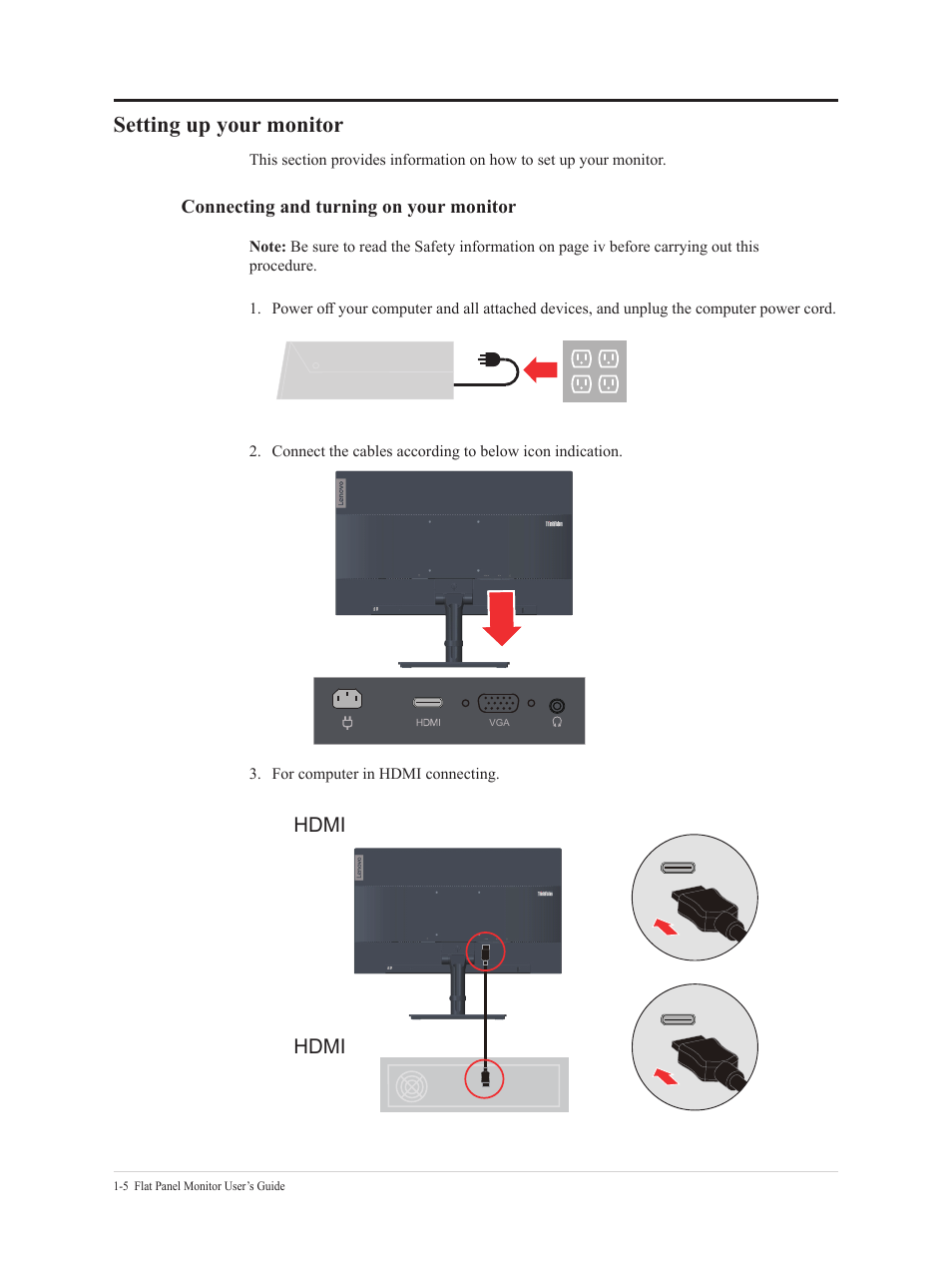 Setting up your monitor -3, Setting up your monitor, Hdmi | Lenovo ThinkVision 21.5" Monitor User Manual | Page 10 / 37