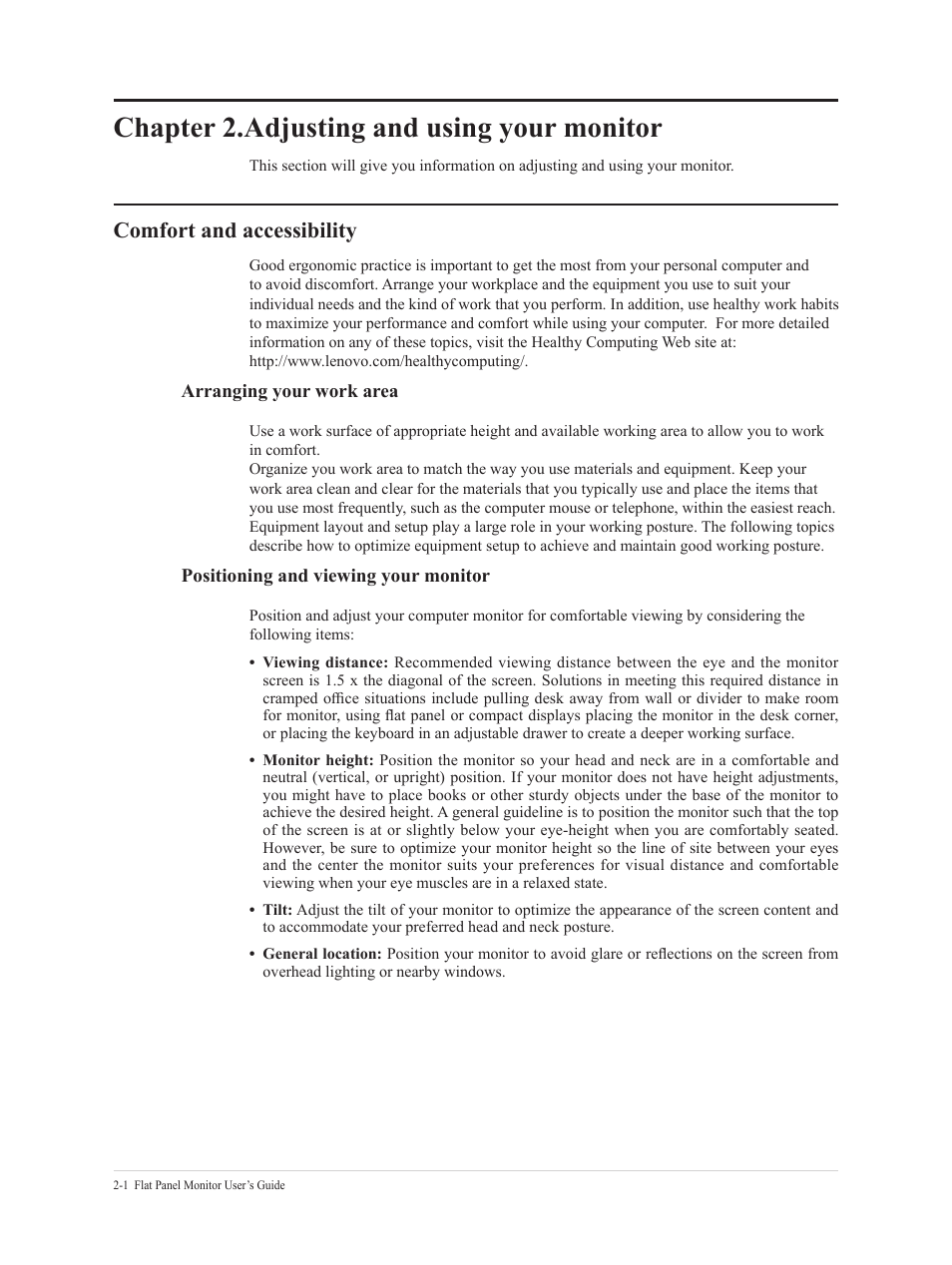 Chapter 2.adjusting and using your monitor -7, Comfort and accessibility -7, Chapter 2.adjusting and using your monitor | Comfort and accessibility | Lenovo ThinkVision 21.5" Monitor User Manual | Page 14 / 37