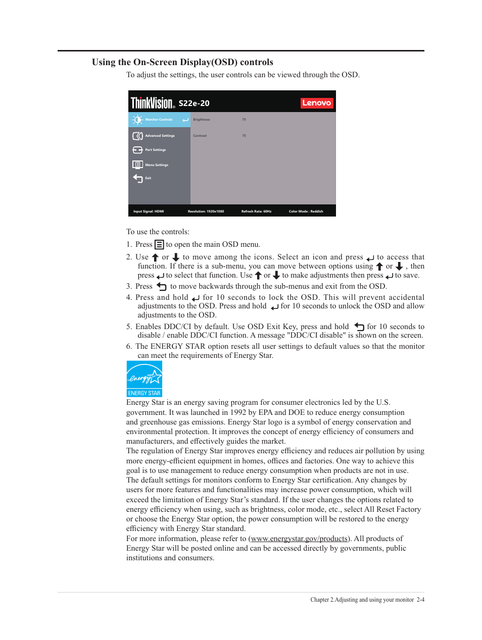 Using the on-screen display(osd) controls | Lenovo ThinkVision 21.5" Monitor User Manual | Page 17 / 37
