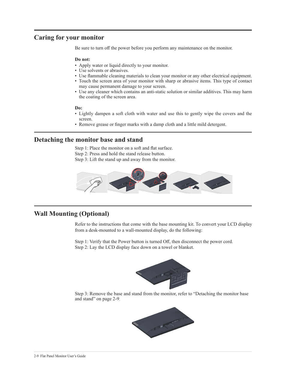Caring for your monitor, Detaching the monitor base and stand, Wall mounting (optional) | Lenovo ThinkVision 21.5" Monitor User Manual | Page 22 / 37