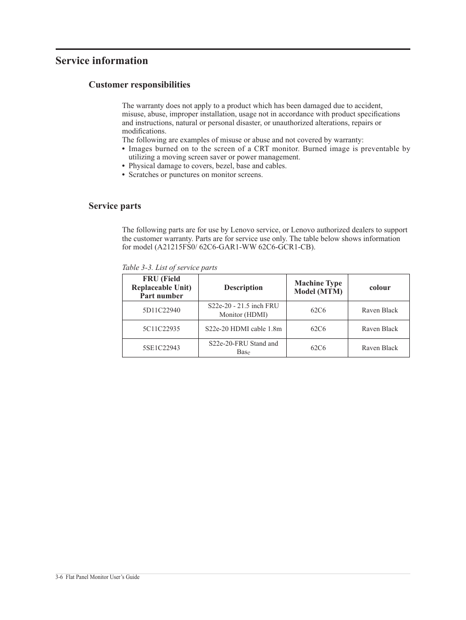 Service information -6, Service information, Customer responsibilities | Service parts | Lenovo ThinkVision 21.5" Monitor User Manual | Page 30 / 37