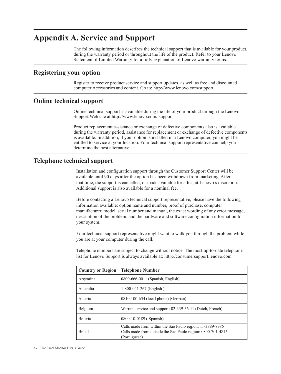 Appendix a. service and support -7, Registering your option -7, Appendix a | Service and support, Appendix a. service and support, Registering your option, Online technical support, Telephone technical support | Lenovo ThinkVision 21.5" Monitor User Manual | Page 31 / 37