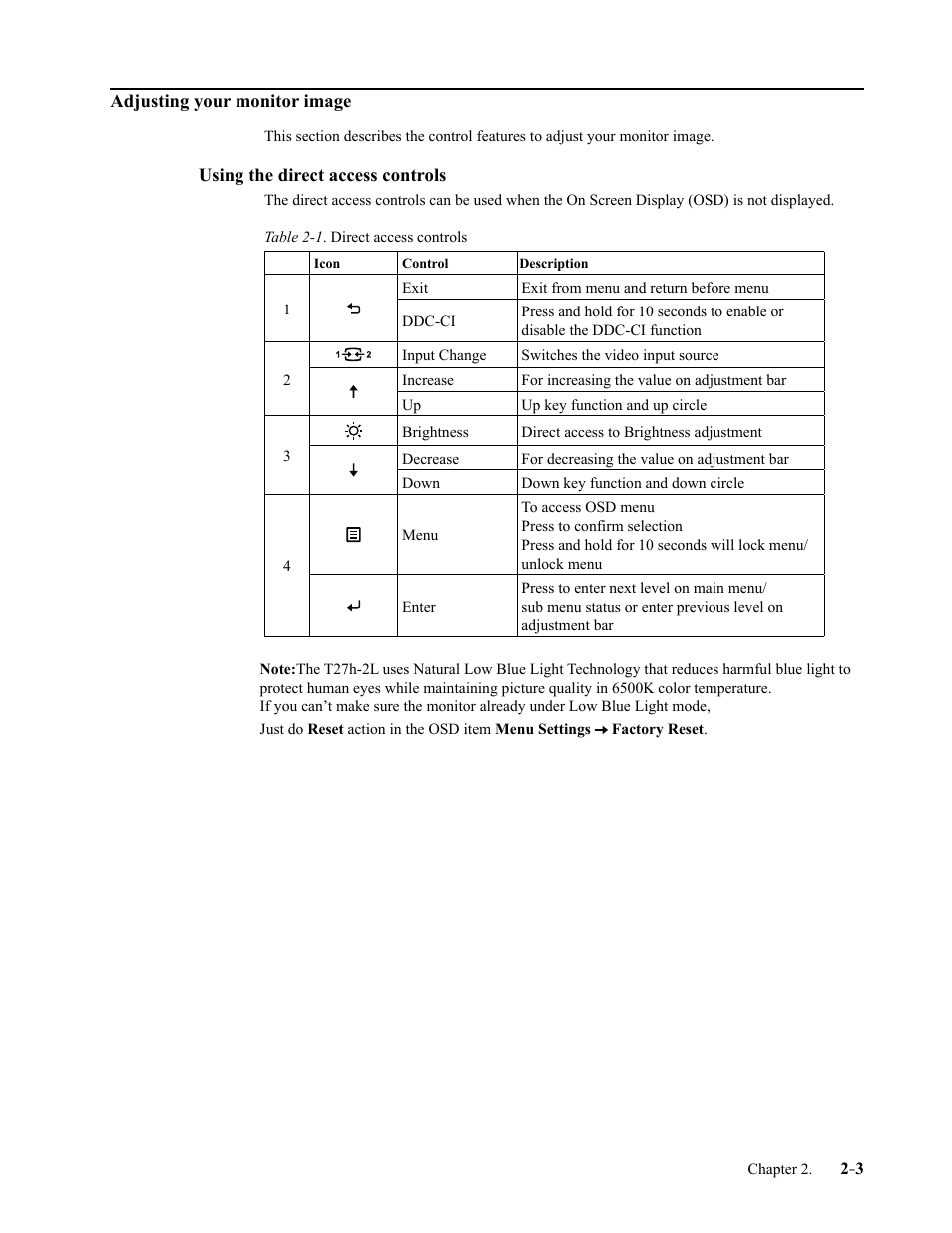 Adjusting your monitor image, Using the direct access controls, Adjusting your monitor image -3 | Using the direct access controls -3 | Lenovo ThinkVision T27h-2L 27" 16:9 QHD IPS Monitor User Manual | Page 16 / 39