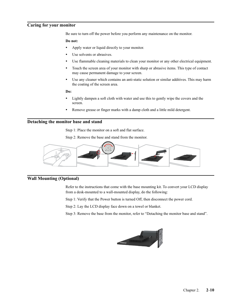 Caring for your monitor, Detaching the monitor base and stand, Wall mounting (optional) | Caring for your monitor -10, Detaching the monitor base and stand -10, Wall mounting (optional) -10 | Lenovo ThinkVision T27h-2L 27" 16:9 QHD IPS Monitor User Manual | Page 23 / 39