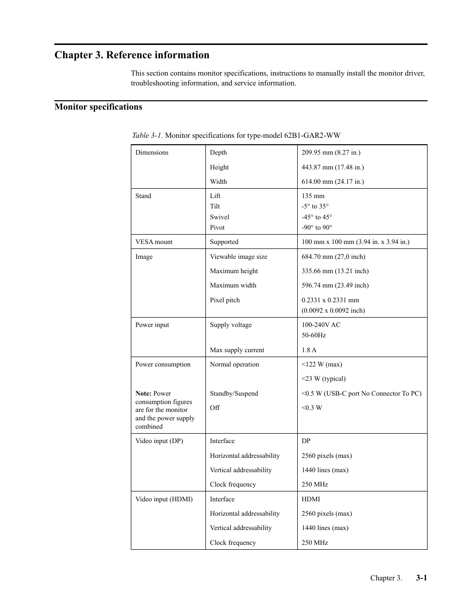 Chapter 3. reference information, Monitor specifications, Chapter 3. reference information -1 | Monitor specifications -1 | Lenovo ThinkVision T27h-2L 27" 16:9 QHD IPS Monitor User Manual | Page 25 / 39