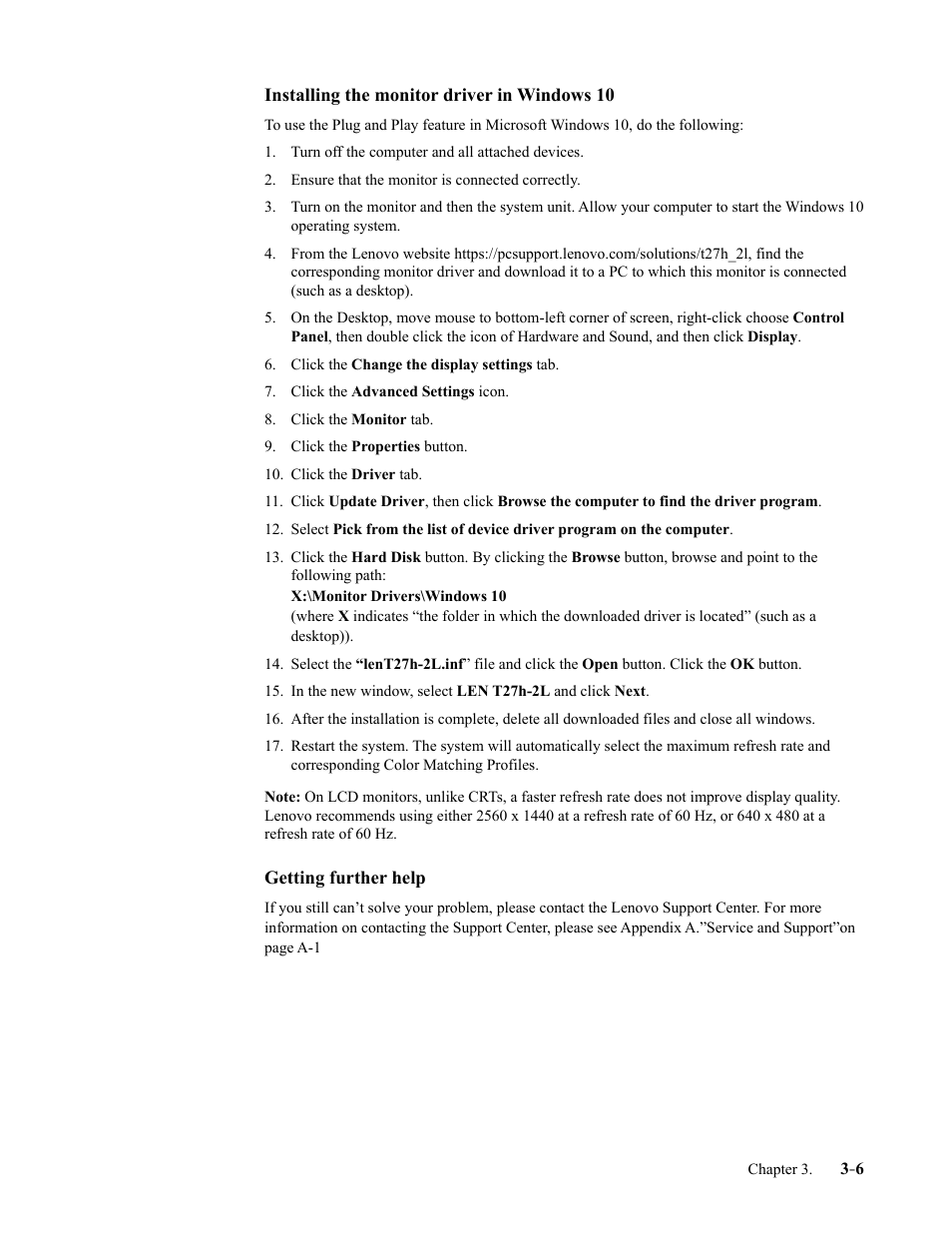 Installing the monitor driver in windows 10, Getting further help, Installing the monitor driver in windows 10 -6 | Getting further help -6 | Lenovo ThinkVision T27h-2L 27" 16:9 QHD IPS Monitor User Manual | Page 30 / 39