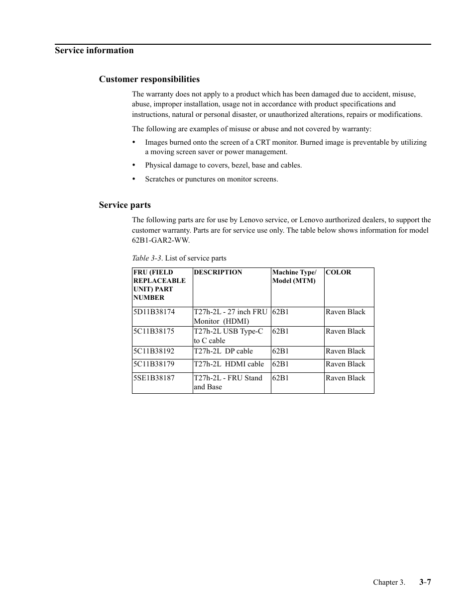 Service information, Customer responsibilities, Service parts | Service information -7, Customer responsibilities -7, Service parts -7 | Lenovo ThinkVision T27h-2L 27" 16:9 QHD IPS Monitor User Manual | Page 31 / 39