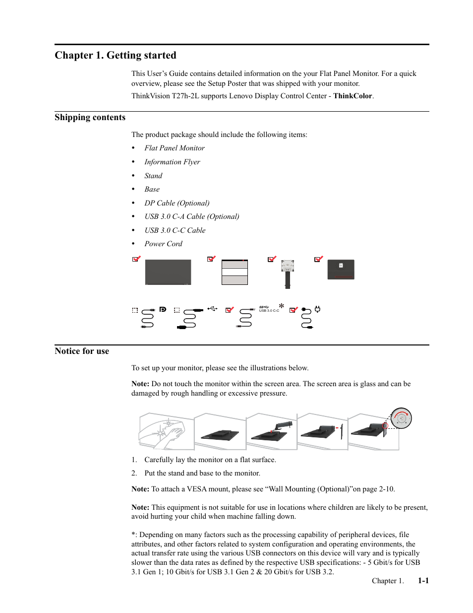 Chapter 1. getting started, Shipping contents, Notice for use | Chapter 1. getting started -1, Shipping contents -1, Notice for use -1 | Lenovo ThinkVision T27h-2L 27" 16:9 QHD IPS Monitor User Manual | Page 5 / 39