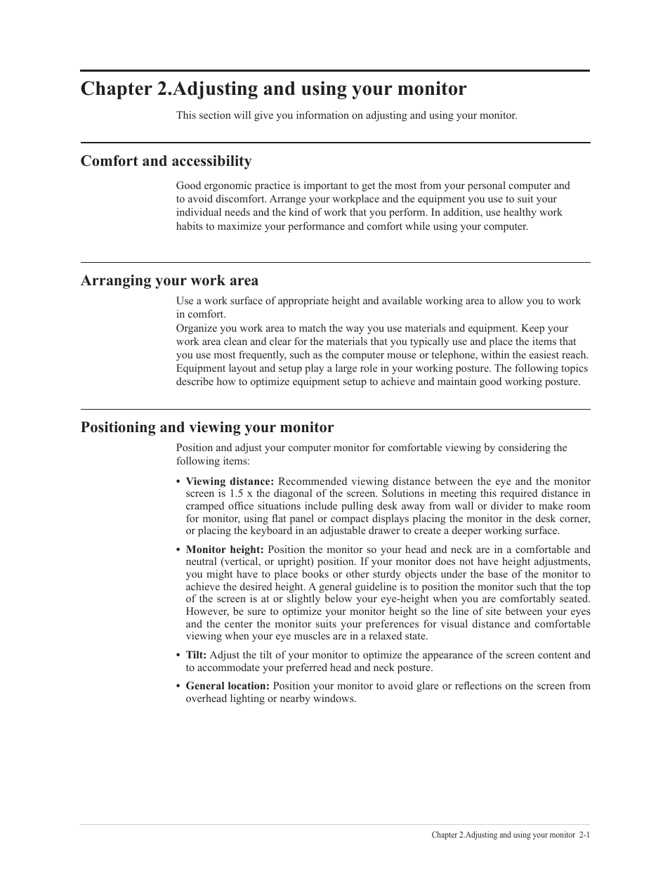 Chapter 2.adjusting and using your monitor, Comfort and accessibility, Arranging your work area | Positioning and viewing your monitor, Chapter 2.adjusting and using your monitor -1 | Lenovo G32qc-30 31.5" 1440p HDR 170 Hz Curved Monitor User Manual | Page 13 / 33