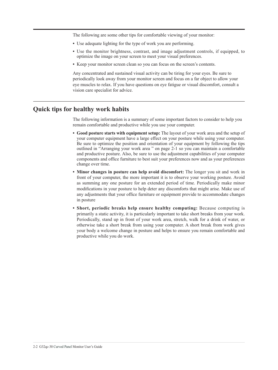 Quick tips for healthy work habits, Quick tips for healthy work habits -2 | Lenovo G32qc-30 31.5" 1440p HDR 170 Hz Curved Monitor User Manual | Page 14 / 33