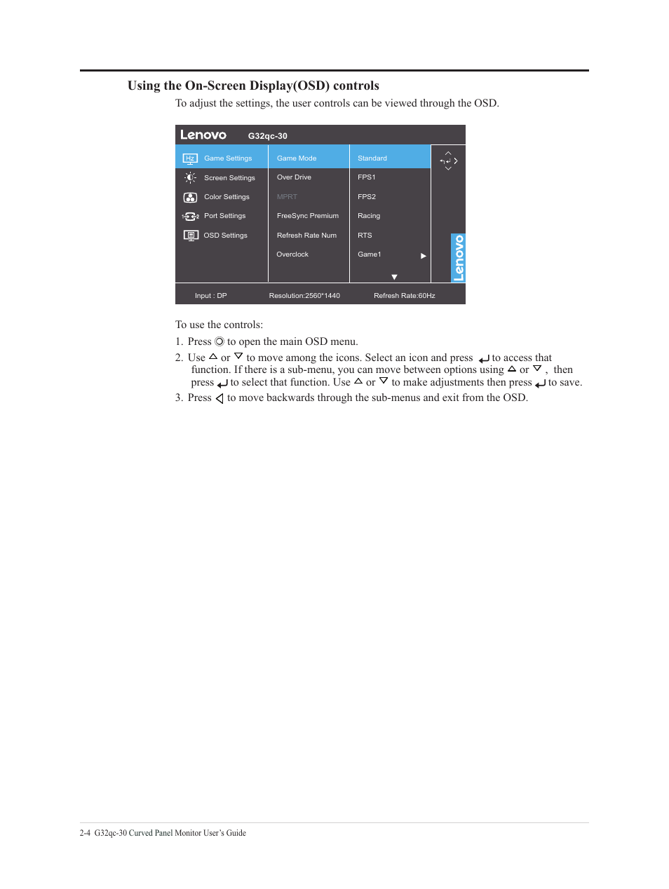 Using the on-screen display(osd) controls | Lenovo G32qc-30 31.5" 1440p HDR 170 Hz Curved Monitor User Manual | Page 16 / 33