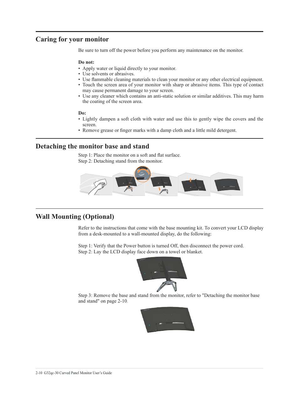 Caring for your monitor, Detaching the monitor base and stand, Wall mounting (optional) | Lenovo G32qc-30 31.5" 1440p HDR 170 Hz Curved Monitor User Manual | Page 22 / 33