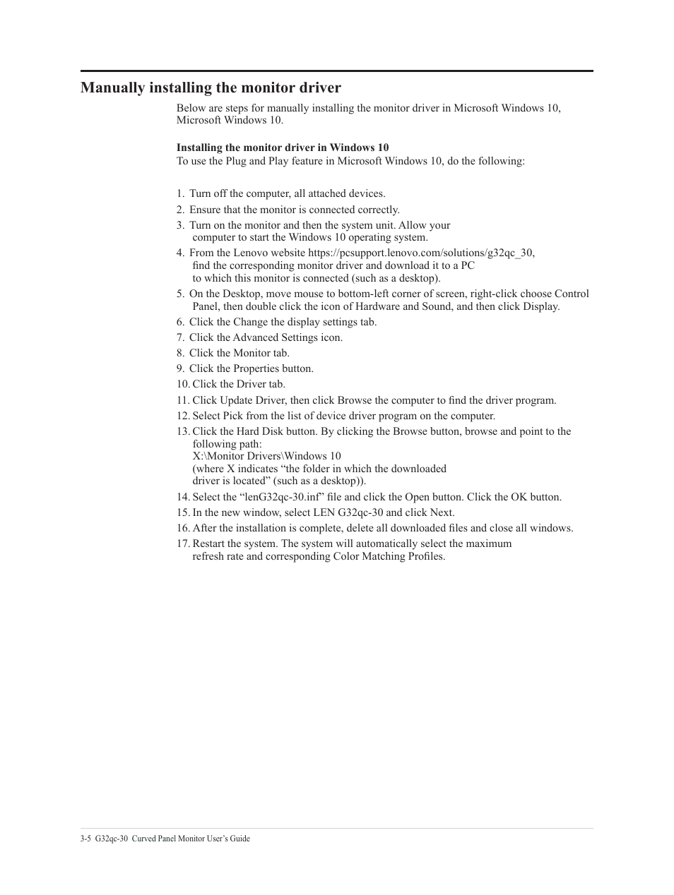 Manually installing the monitor driver, Manually installing the monitor driver -5 | Lenovo G32qc-30 31.5" 1440p HDR 170 Hz Curved Monitor User Manual | Page 28 / 33