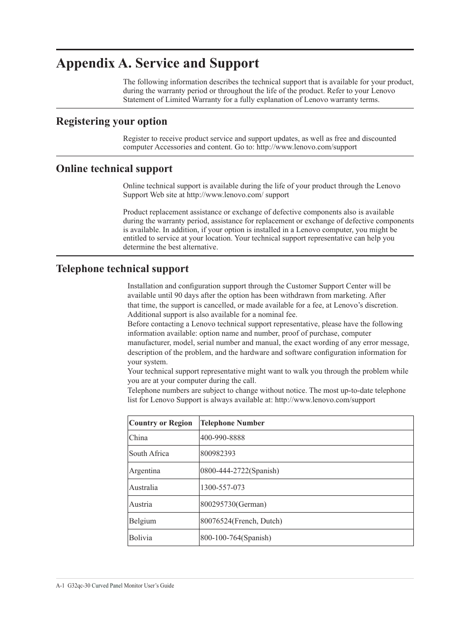 Appendix a. service and support, Telephone technical support, Registering your option | Online technical support | Lenovo G32qc-30 31.5" 1440p HDR 170 Hz Curved Monitor User Manual | Page 30 / 33