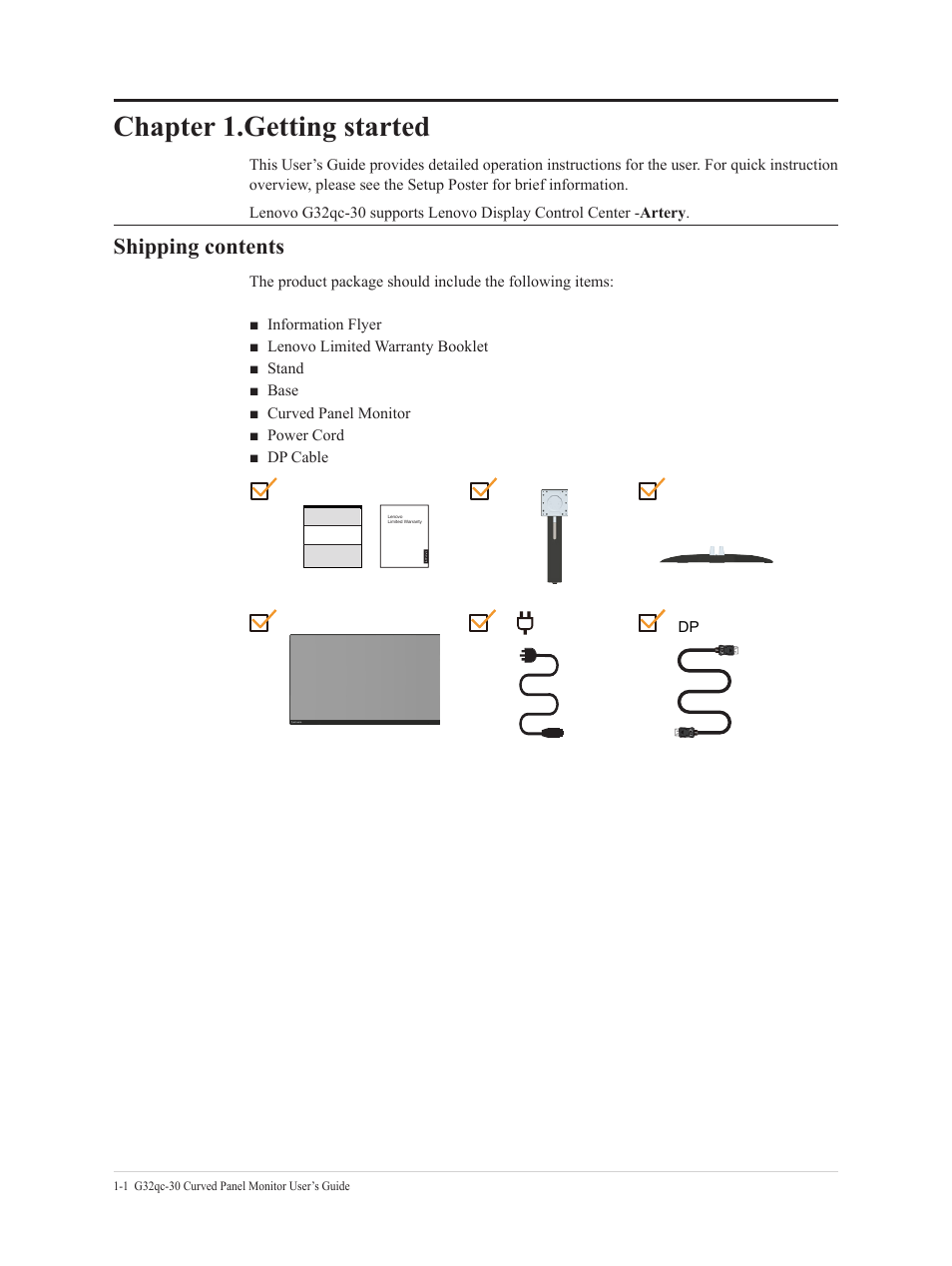 Chapter 1.getting started, Shipping contents, Chapter 1.getting started -1 | Shipping contents -1 | Lenovo G32qc-30 31.5" 1440p HDR 170 Hz Curved Monitor User Manual | Page 6 / 33