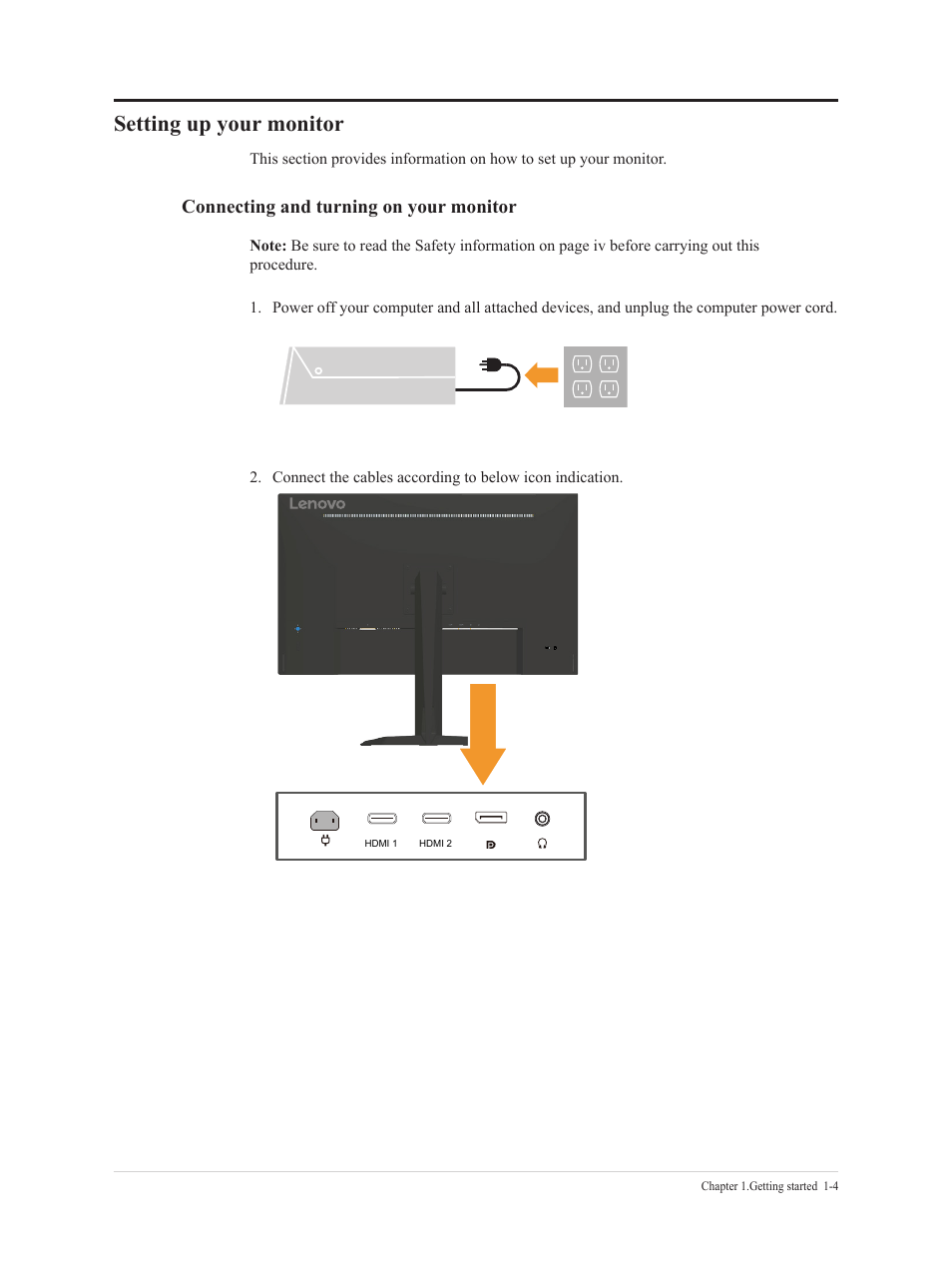 Connecting and turning on your monitor, Setting up your monitor, Setting up your monitor -4 | Lenovo G32qc-30 31.5" 1440p HDR 170 Hz Curved Monitor User Manual | Page 9 / 33