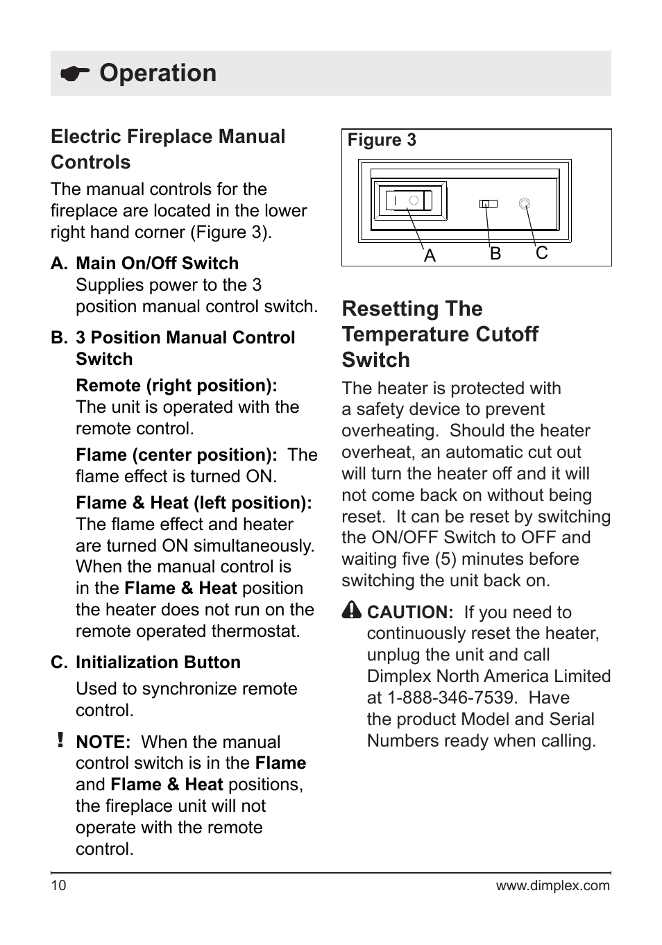 Operation, Resetting the temperature cutoff switch | Dimplex DFB8842 User Manual | Page 10 / 23