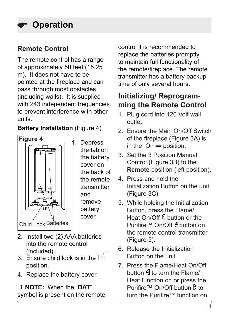 Operation, Initializing/ reprogram- ming the remote control | Dimplex DFB8842 User Manual | Page 11 / 23