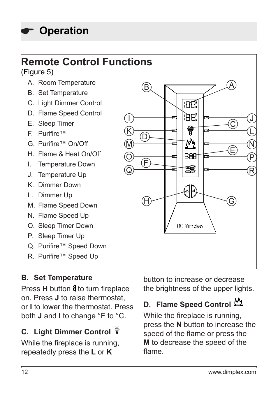 Remote control functions, Operation | Dimplex DFB8842 User Manual | Page 12 / 23