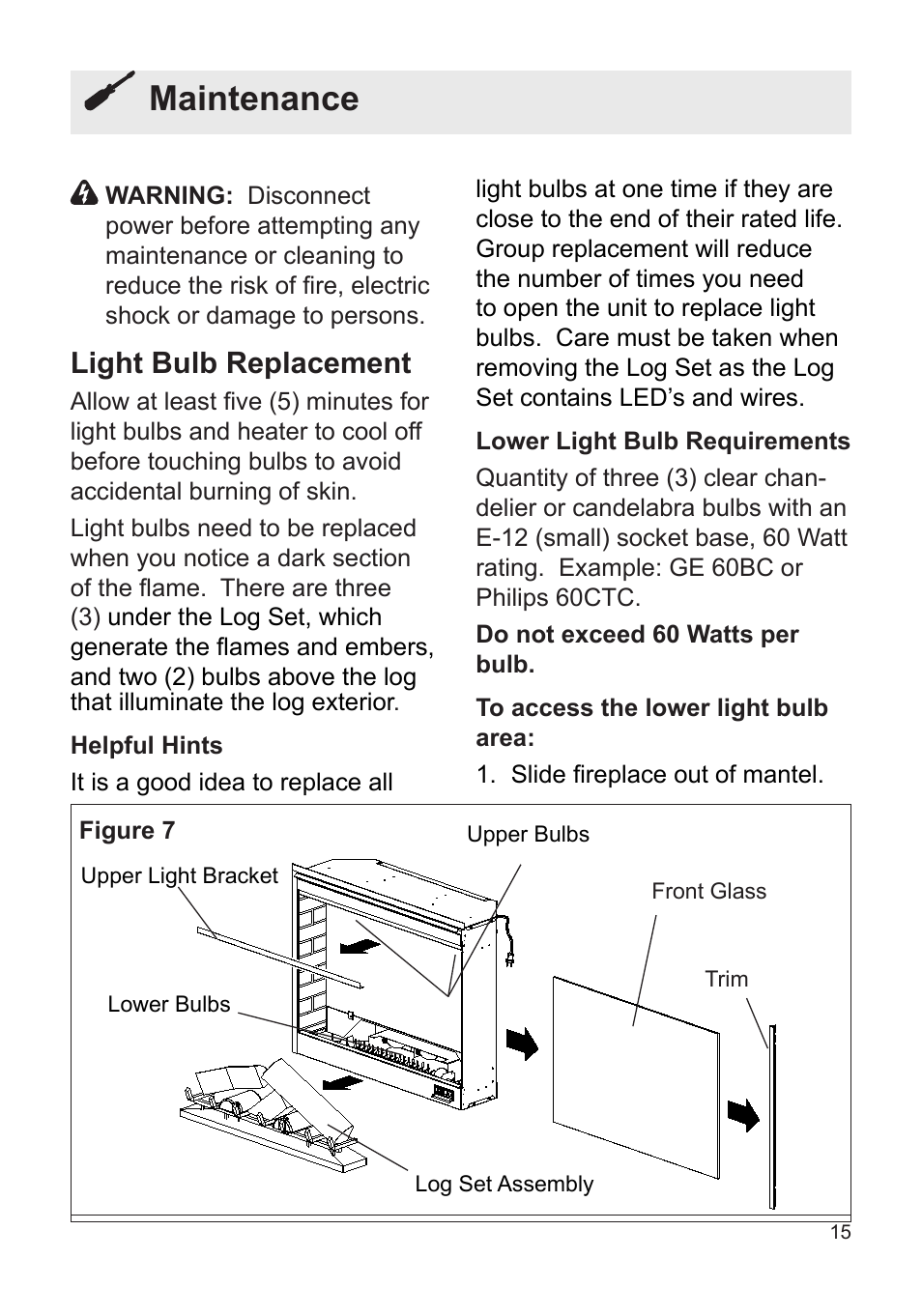 Maintenance, Light bulb replacement | Dimplex DFB8842 User Manual | Page 15 / 23