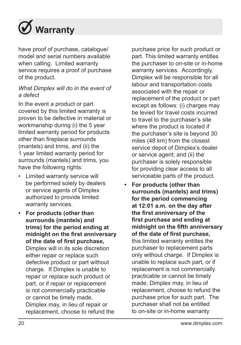 Warranty | Dimplex DFB8842 User Manual | Page 20 / 23