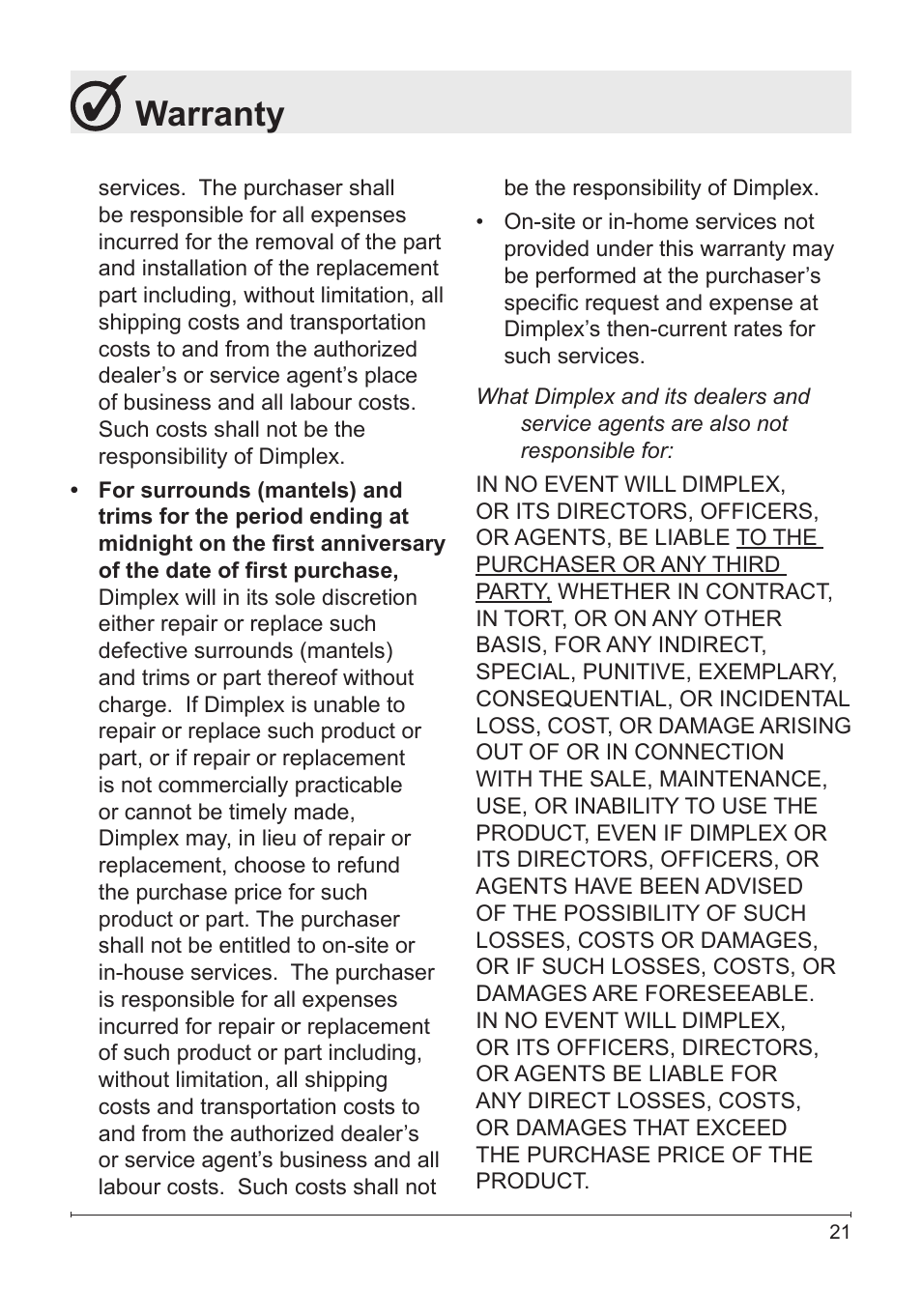 Warranty | Dimplex DFB8842 User Manual | Page 21 / 23