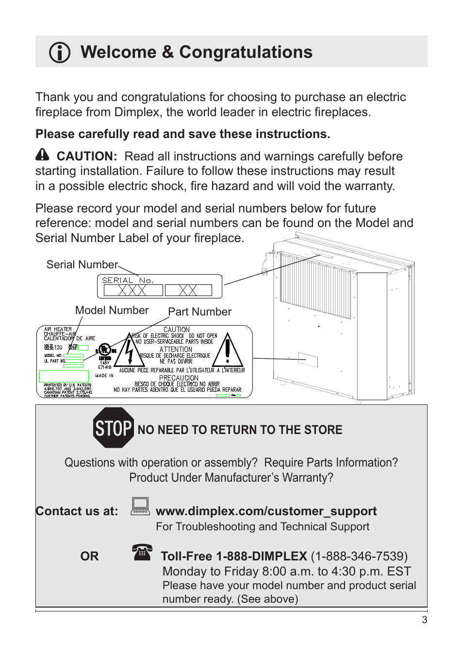 Welcome & congratulations | Dimplex DFB8842 User Manual | Page 3 / 23