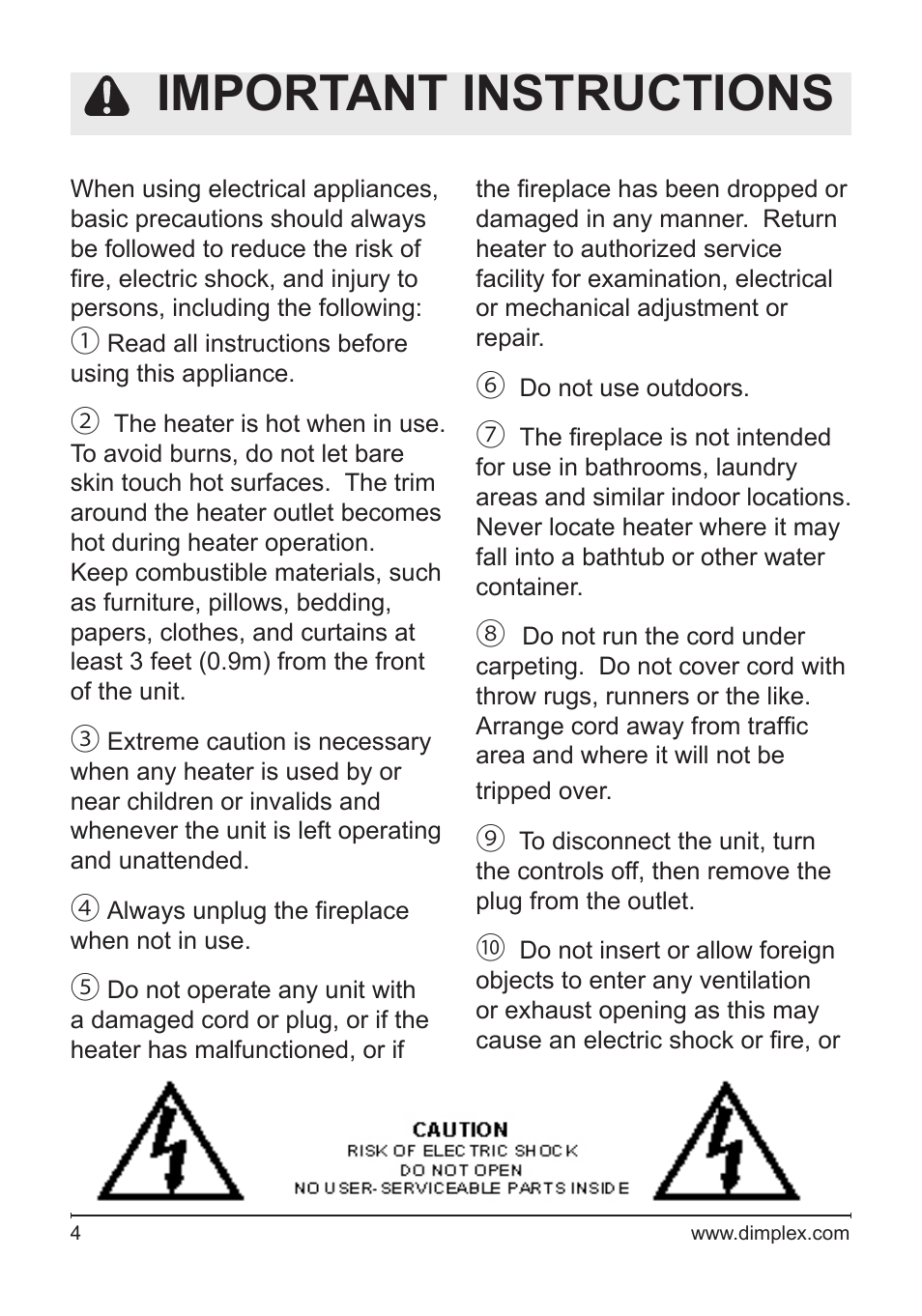 Important instructions | Dimplex DFB8842 User Manual | Page 4 / 23