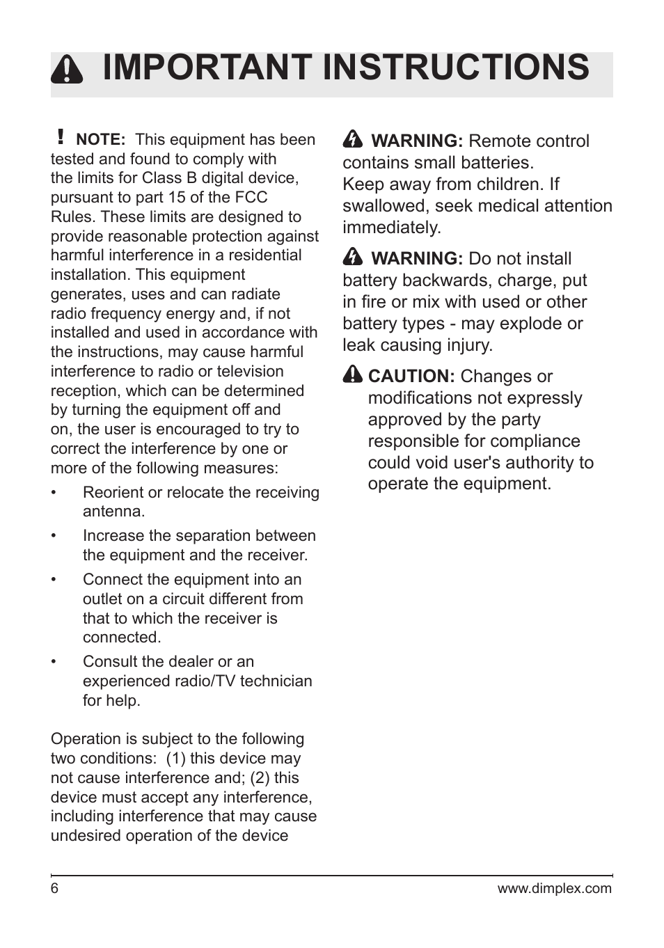 Important instructions | Dimplex DFB8842 User Manual | Page 6 / 23