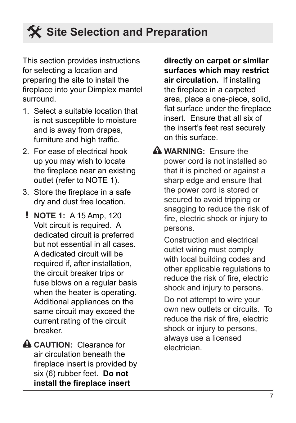 Site selection and preparation | Dimplex DFB8842 User Manual | Page 7 / 23